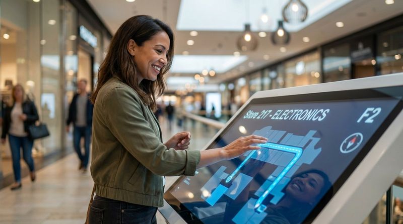 A visitor smiles while using a digital wayfinding kiosk in a shopping mall to find their destination.