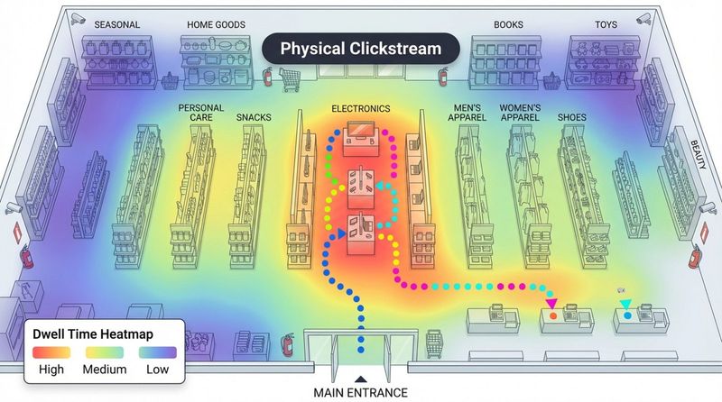 Overhead illustration of a retail store's floor plan showing customer movement with a colorful dotted line and heatmap highlighting high and low traffic areas.