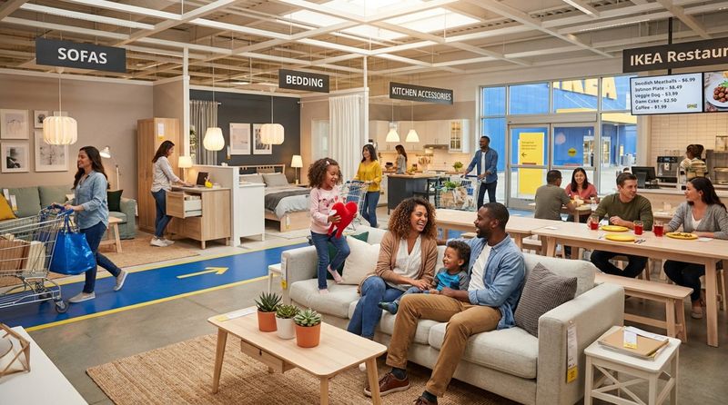 A bustling store scene showing a family testing a sofa in a decorated showroom with shoppers exploring and a restaurant entrance in the background.
