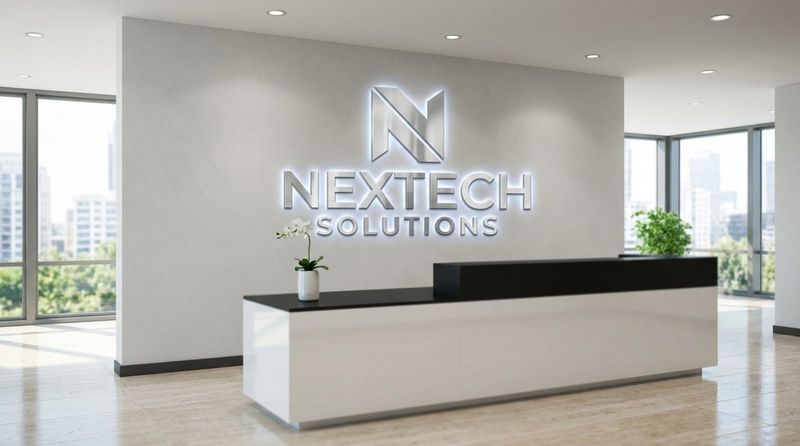 A modern corporate reception with a polished silver logo sign glowing softly behind a sleek white desk.