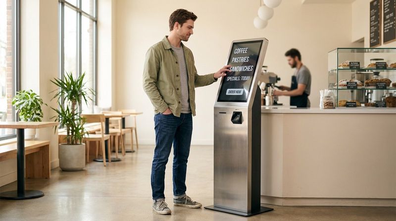 A young man interacts with a self-ordering kiosk in a bright cafe, reflecting calm and controlled decision-making.