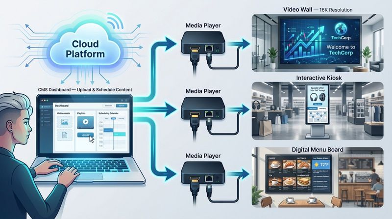 A modern infographic showing how digital signage operates with content flowing from a cloud-based system to various screens in business settings.