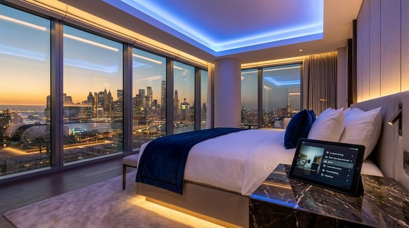 A luxurious hotel room with a city view at dusk featuring a tablet displaying digital concierge options for dining, spa, and attractions.