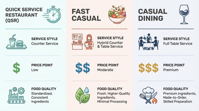 A clean infographic comparing quick service, fast casual, and casual dining restaurants with icons and brief descriptions of service style price and food quality.