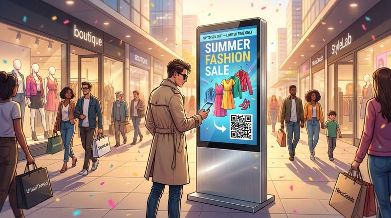 A fashionable person scans a QR code on a digital kiosk in a busy outdoor shopping area.