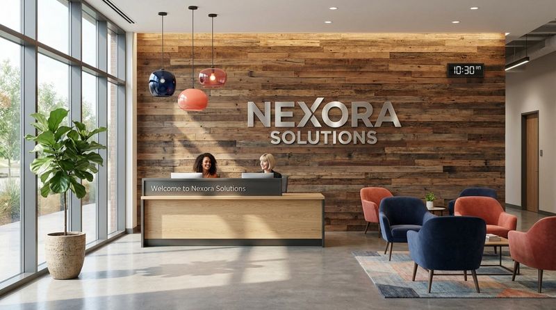 A sleek corporate office lobby with a feature wall displaying the company's logo in dimensional lettering and subtle brand colors.