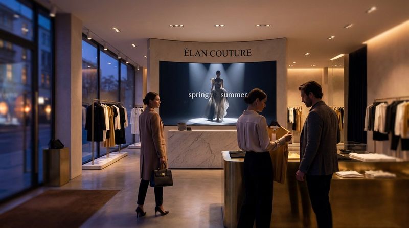 Interior of a high-end fashion store at dusk featuring a large video wall displaying a runway model in slow motion.