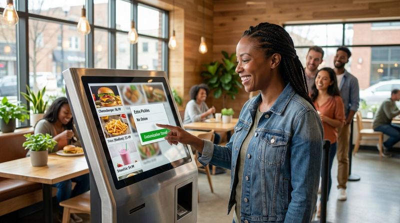 Customer happily using a self-service kiosk to customize an order in a modern restaurant.