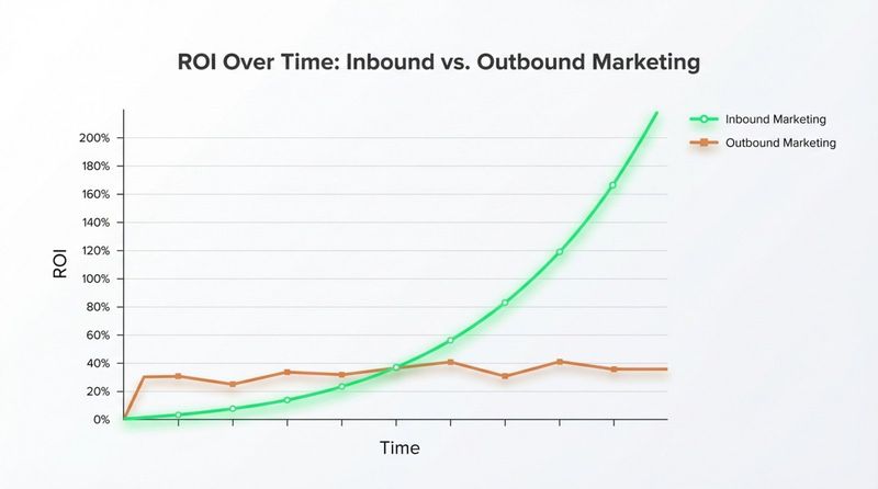 An infographic line graph comparing ROI over time for inbound and outbound marketing, showing exponential growth for inbound and flat returns for outbound.