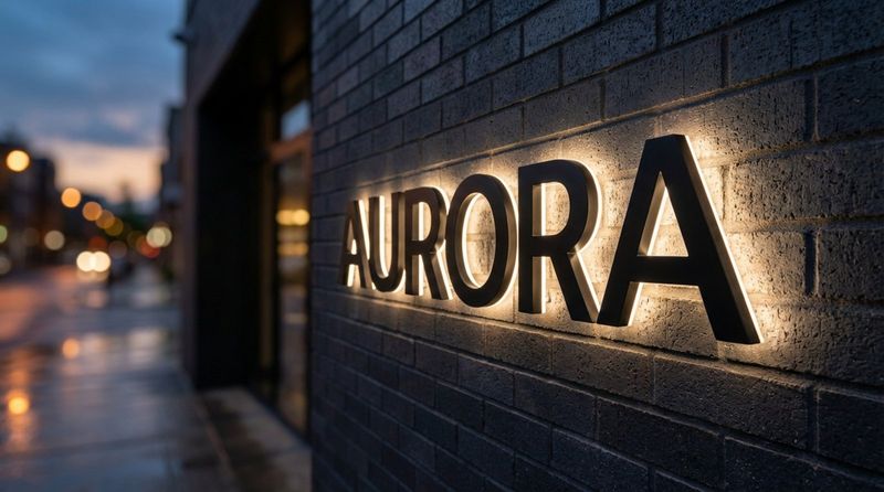 Close-up of halo-lit black metal channel letters spelling Aurora on a dark brick wall at dusk.