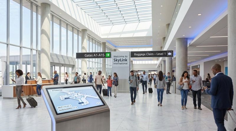 A busy airport terminal lobby with travelers and digital kiosks guiding navigation.