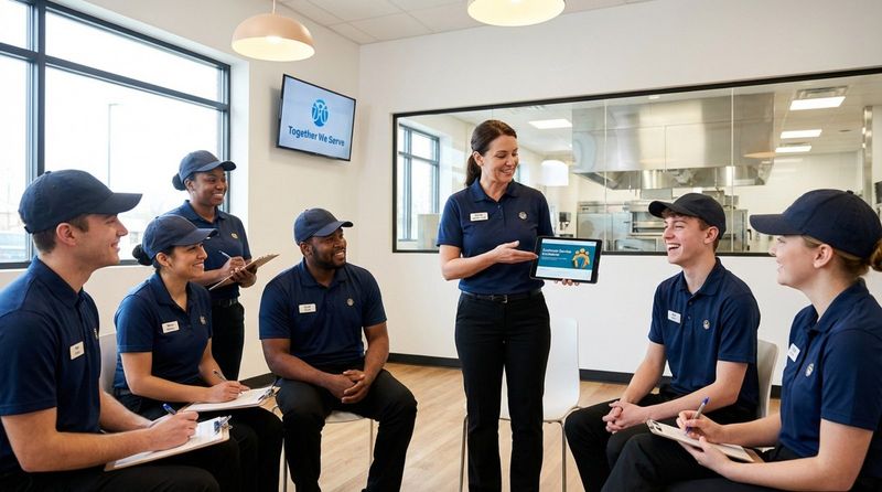A group of diverse employees participating in a team training session in a bright staff room, showing teamwork and positive work culture.