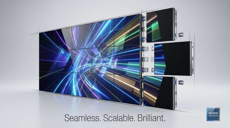 A technical illustration of LED panels clicking together to form a seamless video wall demonstrating modular flexibility.