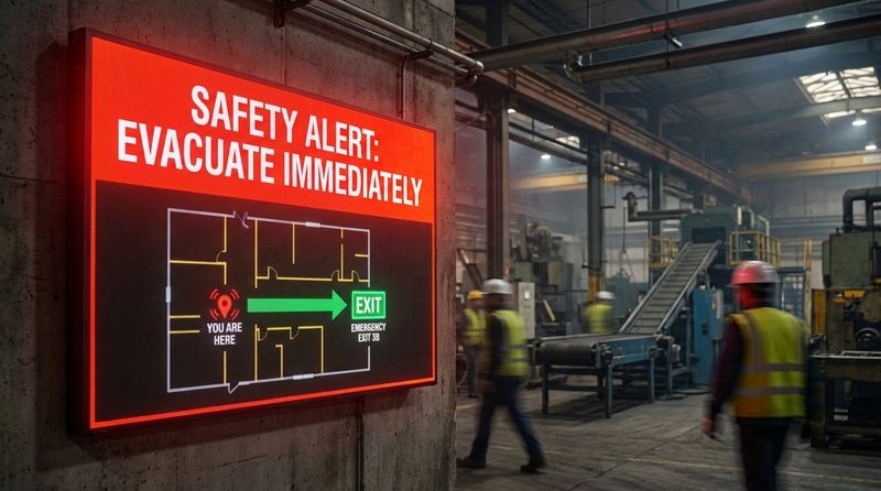 A digital signage screen inside a factory displaying a bright red emergency alert with evacuation instructions.