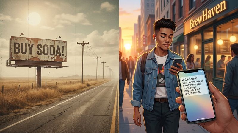 A split-screen illustration contrasting vintage billboard advertising with modern digital notification for a cafe deal.