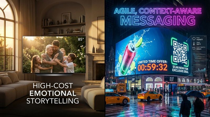 Comparison of broadcast and digital out-of-home advertising highlighting broadcast's storytelling and DOOH's immediacy.