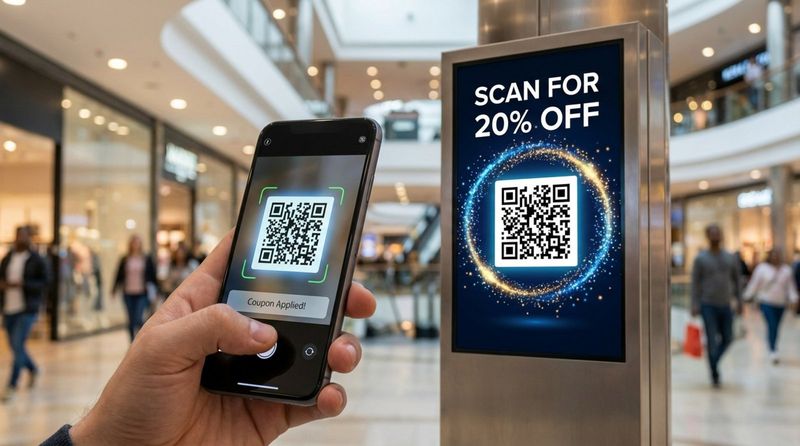 A shopper scans a QR code on a digital display in a mall, emphasizing mobile engagement and digital coupons.