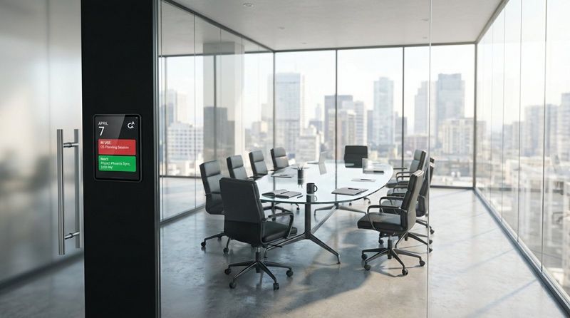 Photorealistic view of a glass-walled meeting room with a tablet displaying the current and upcoming meetings on the schedule.
