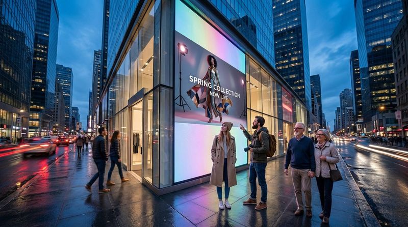 A vibrant city street at dusk featuring a modern clothing boutique with a bright digital sign displaying a fashion model. Pedestrians are attracted to the display and the store's entrance.