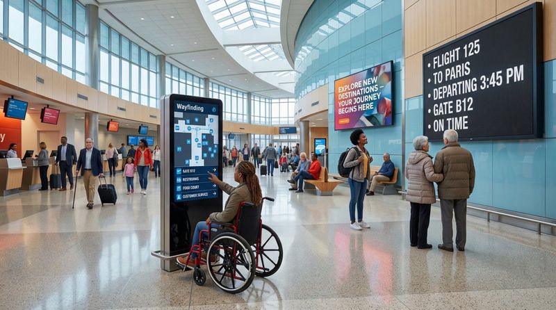 A diverse group of people in a modern airport or mall lobby demonstrating accessibility and digital communication.