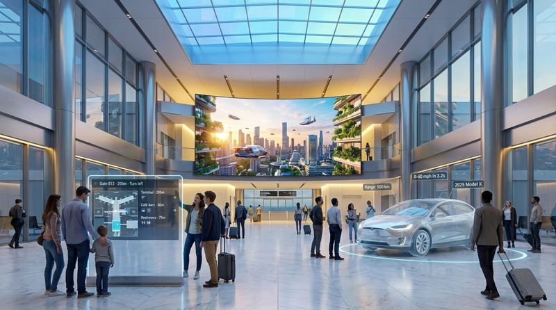 A modern airport lobby featuring a large curved display and holographic projection, showcasing advanced technology and interactive signage.