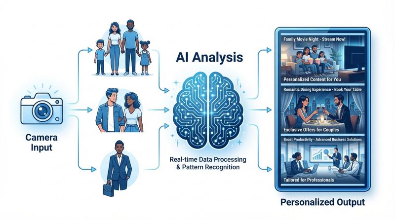 An infographic illustrating how AI enables digital signage with icons of a camera, brain, and digital screen showing targeted ads for different audiences.