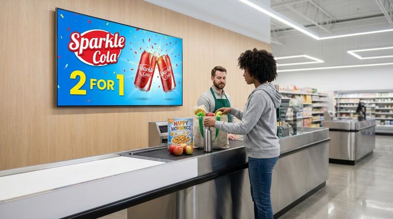 A customer places items on a checkout belt in a bright modern grocery store with a digital advertisement behind the cashier.