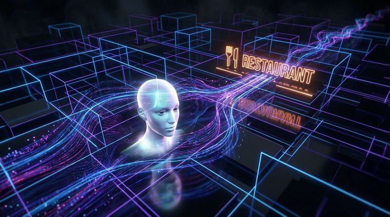 A digital avatar moves through a neon-lit city grid with data streams analyzing its path towards a destination.