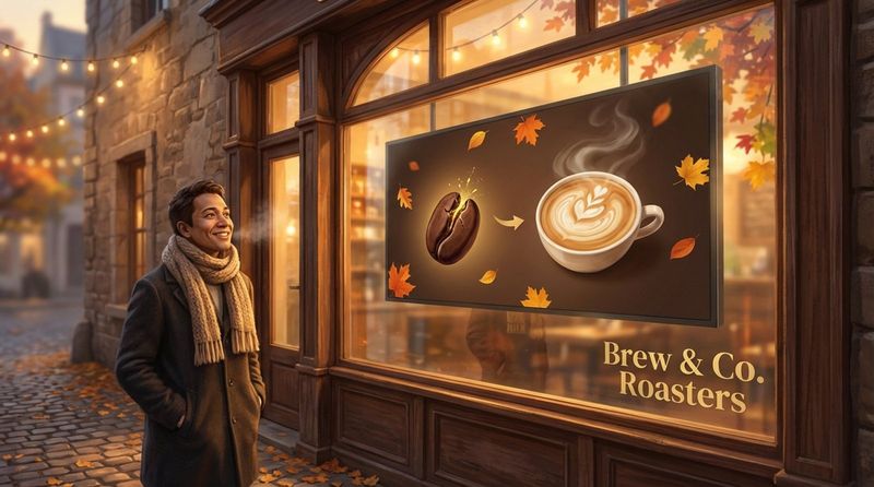 A cozy cafe window displays an animated story of a coffee bean transforming into a steaming latte with falling leaves, captivating a smiling person outside.