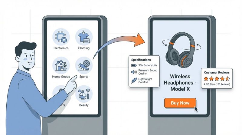 A diagram illustrating interactive digital signage with a user engaging with a touch screen to view product details and make a purchase.
