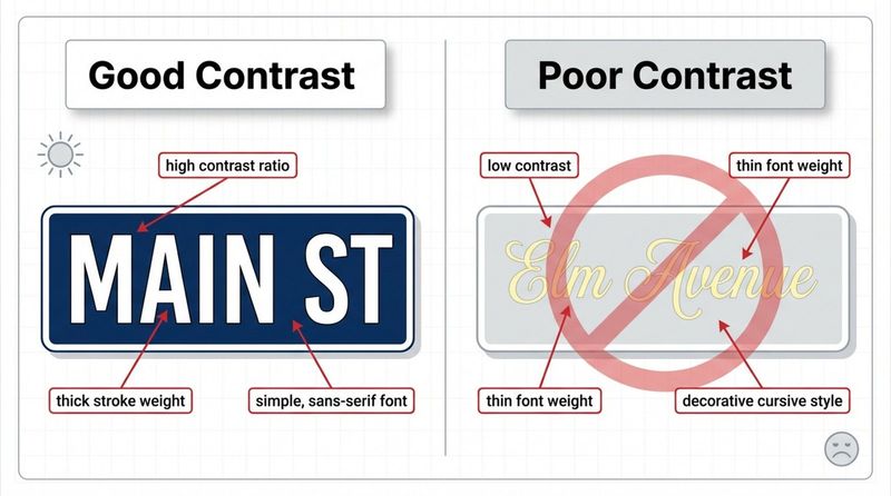 An infographic comparing good and poor sign design highlighting contrast and typography for readability.