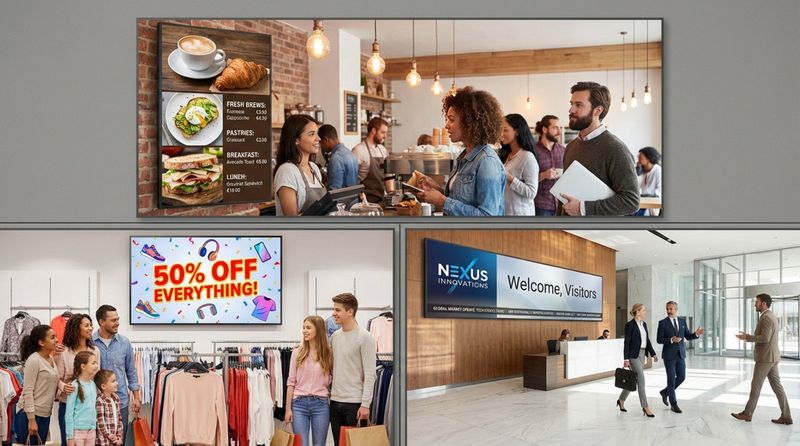 A collage displaying three digital signage applications including a cafe menu board, retail sale promotion, and corporate lobby screen.