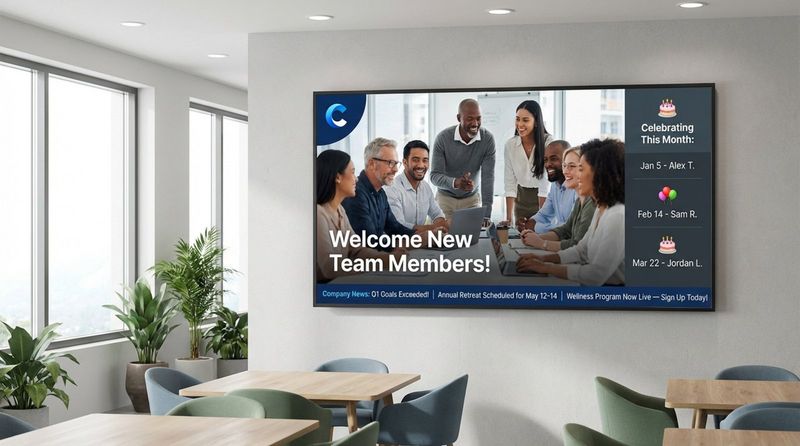 Photorealistic digital bulletin board displaying welcome video, employee birthdays, and company news in a modern breakroom.