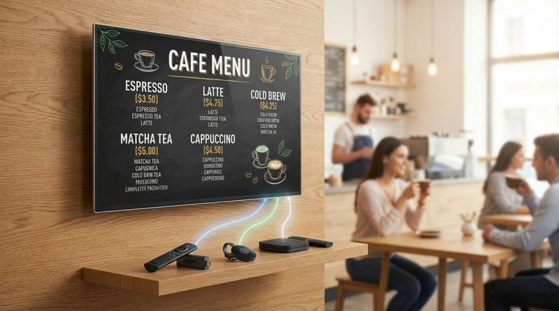 A modern product shot of a TV mounted on a cafe wall displaying a coffee menu with connected media players below. The image highlights technology in a cozy cafe setting.