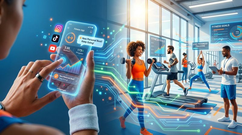 A modern illustration depicting the merging of digital and physical fitness marketing with a person using a fitness app transitioning into a lively gym scene.