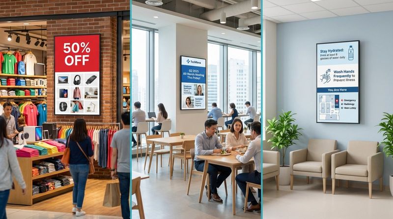 A photo collage illustrating digital signage in retail, office, and hospital environments with screens displaying sales, news, and health tips.
