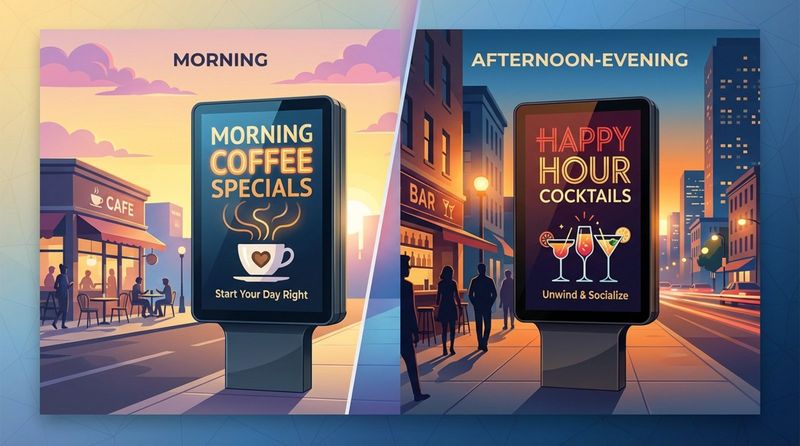 A colorful illustration showing a digital sign split between morning and afternoon advertisements, demonstrating dayparting concept.
