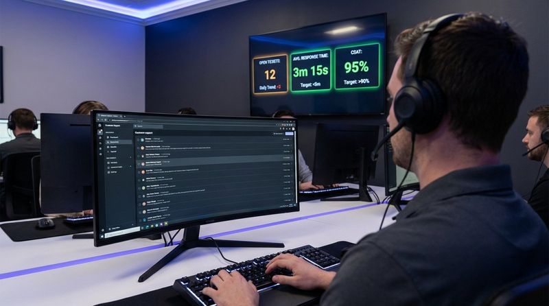 View from a support agent's perspective showing a dashboard with key customer metrics on a dark-mode screen.