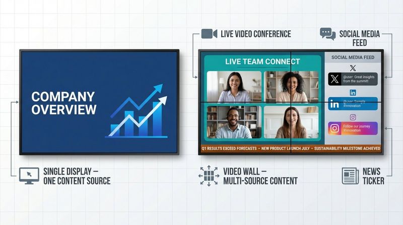 Comparison infographic showing a single large screen and a 2x2 video wall with multiple content zones.