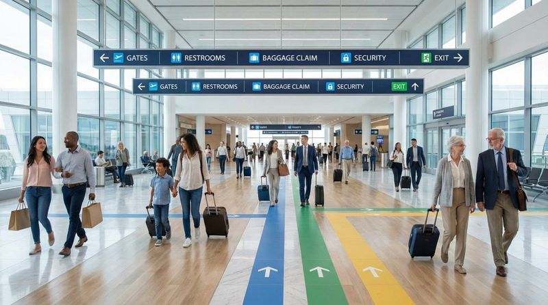 A modern airport terminal with clear signage and floor graphics guiding passengers through the space.