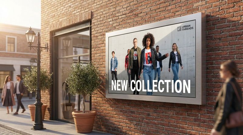 A digital display on a brick wall showing a clothing advertisement outside a trendy boutique.