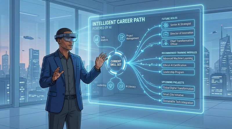 An employee interacts with a holographic interface displaying personalized career development options.