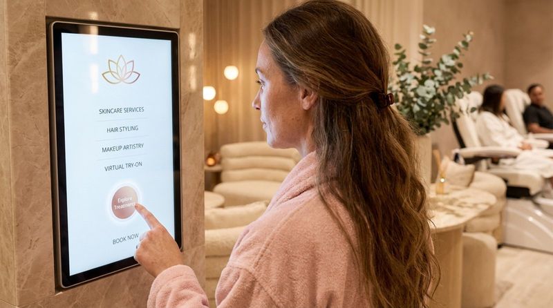 A woman interacts with a modern touchscreen in a stylish salon, exploring treatment options for skincare and hair styling.