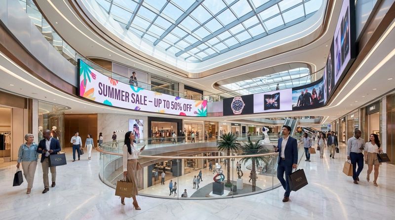 A lively shopping mall atrium with digital screens and shoppers, showcasing a modern and technologically advanced environment.