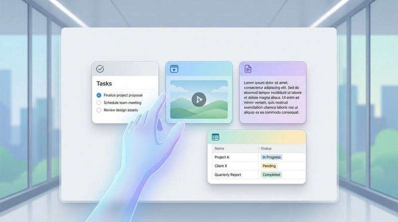 A digital canvas showing a hand arranging content blocks like Legos representing Notion's building architecture.