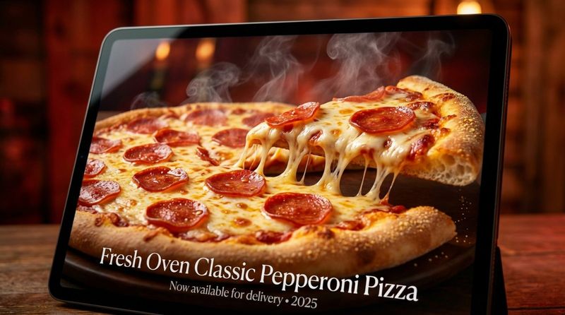 Close-up of a hyper-realistic pepperoni pizza with bubbling cheese and steaming crust.