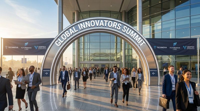 A bright daytime shot of a modern convention center entrance with a large branded archway and banners, welcoming professionals to the summit.
