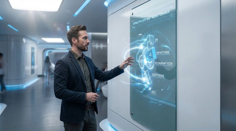 A guest interacts with a voice-enabled digital display in a sleek resort hallway, showcasing advanced technology and seamless user experience.