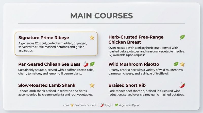 A modern infographic-style digital menu section highlighting main courses with clear icons for spice vegetarian and favorites.