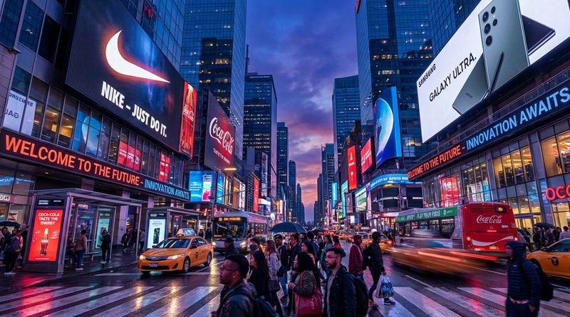 A vibrant city intersection at dusk with colorful digital billboards and illuminated screens creating an energetic atmosphere.